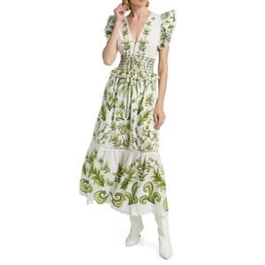 Farm Rio Milani Off-White Maxi Dress NWT Sz Large Tropical Flutter Sleeve Cotton